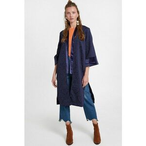 Sacou-chimono din catifea si material jacquard - Bleumarin imagine