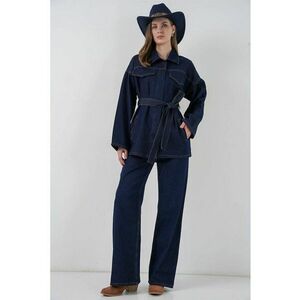 Costum dama - HiCCUP - set denim - jacheta cu buzunare - pantaloni drepti - albastru marin - denim imagine