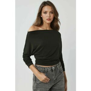 Tricou tricotat elastic cu maneca lunga si guler asimetric verde imagine