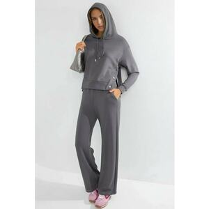 Set din doua piese - hanorac cu gluga si pantaloni cu picioare largi - gri - material tricotat imagine
