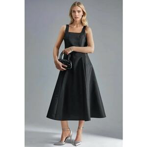Rochie midi guler patrat - negru - textil imagine
