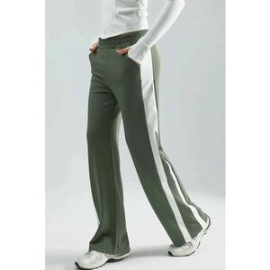 Pantaloni dama - talie inalta - picior larg - verde kaki - textil imagine