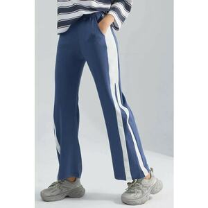 Pantaloni dama - talie inalta - picior larg - albastru - textil imagine