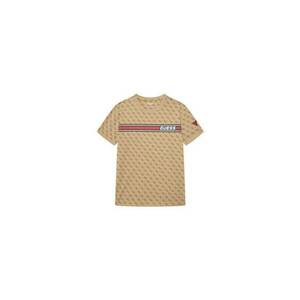 Tricou din amestec de bumbac cu banda cu logo pe piept si imprimeu-logo - Bej inchis imagine
