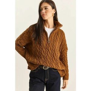 Pulover dama - supradimensionat cu guler si fermoar - culoare maro - tricot - One Size imagine