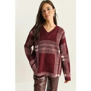Pulover dama - tricotat - decolteu in V - maneci lungi - visiniu - One Size imagine