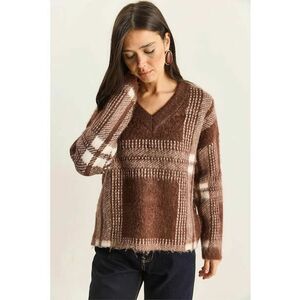 Pulover tricotat - decolteu in V - maneca lunga - natural - tricot - One Size imagine