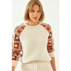 Pulover tricotat cu guler rotund - texturat - bej - acril - One Size imagine