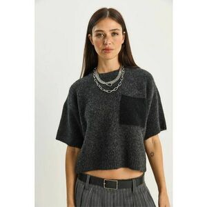 Pulover tricotat supradimensionat - gri - cu guler rotund si buzunar - One Size imagine