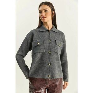 Cardigan - guler polo - gri - tricot - One Size imagine