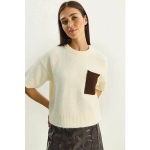 Pulover dama - supradimensionat - crem - tricot - cu guler rotund si buzunar - One Size imagine