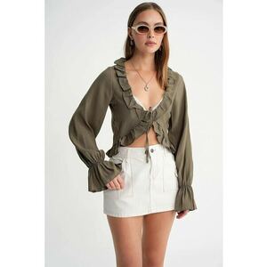 Bluza dama scurta - cu volane - decolteu in V - verde kaki - textil imagine