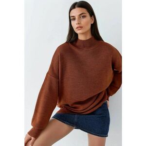Pulover dama - supradimensionat - jumatate de guler - maro nuc - tricot - One Size imagine