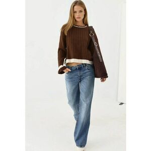 Pulover tricotat - dungi - guler rotund - maro - tricot - One Size imagine