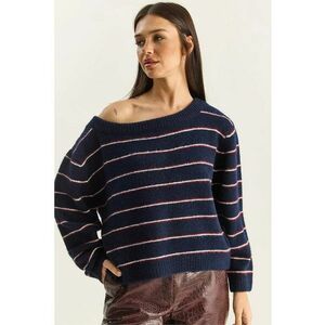 Pulover dama - tricotat supradimensionat - dungi - guler asimetric - albastru - tricot - One Size imagine