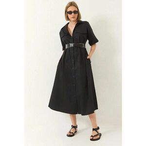 Rochie midi guler de camasa - cu nasturi - negru - poliester imagine