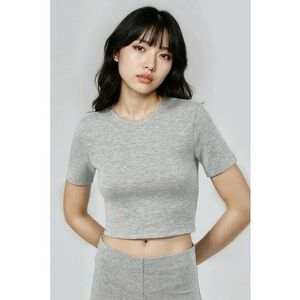 Top scurt elastic dama - gri deschis - jerseu - decolteu rotund imagine