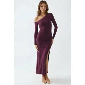 Rochie lunga guler asimetric - mov pruna - jerseu imagine