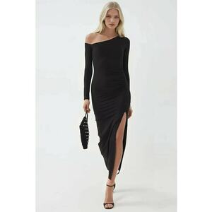 Rochie maxi guler asimetric - negru - jerseu imagine