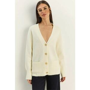 Pulover dama - cardigan cu decolteu in V - detalii nasturi - bej natural - tricot - One Size imagine