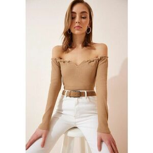 Bluza dama - Happiness Istanbul - volane texturate - bej - jerseu imagine