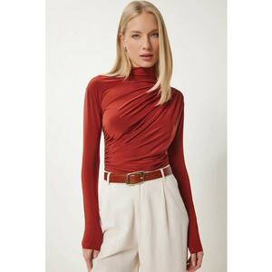 Bluza dama - Happiness Istanbul - guler inalt - mulata - caramiziu - jerseu imagine