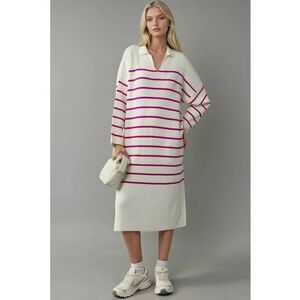Rochie tricotata - cu dungi - midi - roz - alb - imagine