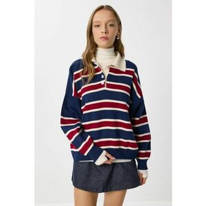 Pulover dama - Happiness Istanbul - dungi - guler polo - albastru - One Size imagine