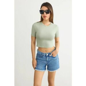Tricou dama - crop basic - guler rotund - verde - jerseu imagine
