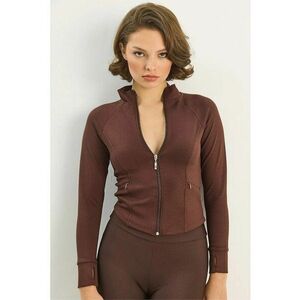 Pulover dama tricotat - Slim Fit - fermoar - maro - jerseu imagine