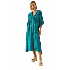 Rochie midi HiCCUP - abstracta - decolteu in V - albastru verde - textil imagine