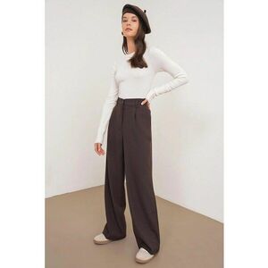 Pantaloni dama - Palazzo - talie inalta - buzunare - maro cafea - textil imagine