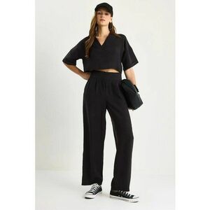 Set coordonat din doua piese - decolteu in V - pantaloni largi - negru - jerseu - imagine