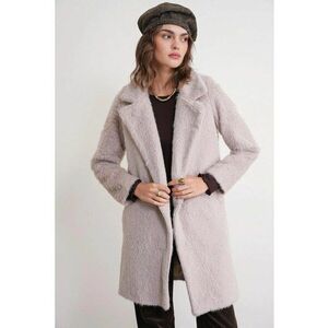 Palton lung texturat guler de jacheta - bej natural - textil imagine