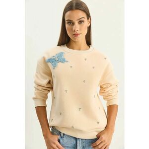 Hanorac dama - broderie la gat - maneci lungi - bej natural - textil imagine