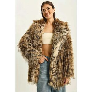 Palton dama - jacheta supradimensionata din blana artificiala cu imprimeu leopard - natural - textil imagine
