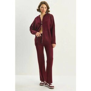 Set Cardigan si Pantaloni Talie Inalta - Guler cu Fermoar - Rosu Burgundy - Tricot - imagine