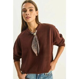Hanorac dama guler rotund - detaliu accesoriu imprimat - maro mocha inchis - textil imagine
