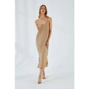 Rochie Midi - Decolteu in V - Slit - Bej Natural - Textil imagine