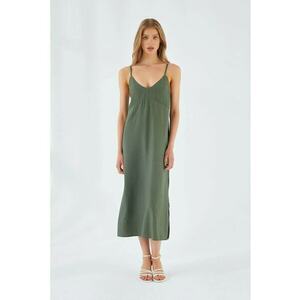 Rochie midi - decolteu in V - slit - verde pin - textil imagine