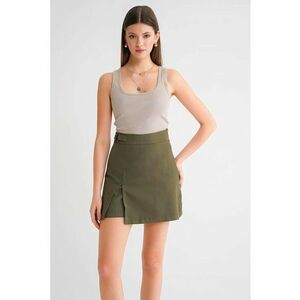Fusta Mini verde kaki - textil - cu slit - Kaki imagine