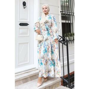 Rochie Maxi - guler rotund - banda in talie - Albastru - Textil imagine