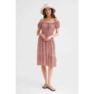 Rochie Midi - Florala - Elastica - Roz Garoafa - Textil imagine