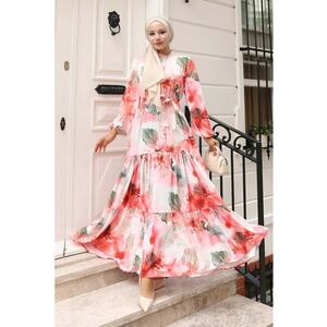 Rochie Maxi cu gat rotund si nasturi - rosu cires - textil imagine