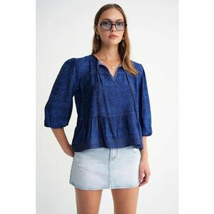 Bluza dama - denim - volane - maneci balon - Albastru marin imagine
