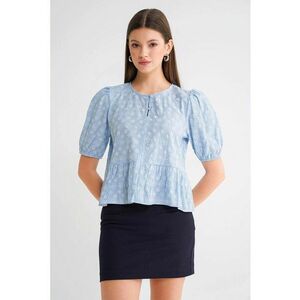 Tricou dama - bluza cu guler rotund si volane - albastru deschis - textil imagine