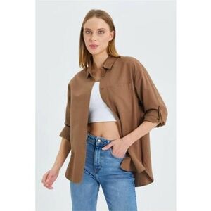Camasa dama - cu maneca lunga - buzunar - bej natural - textil imagine