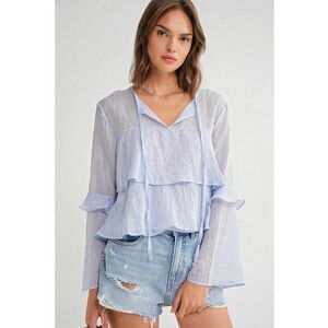 Bluza dama - cu volane si detaliu funda - albastru deschis - textil imagine