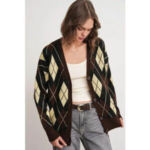 Cardigan dama - supradimensionat - maro cafeniu - tricot - decolteu in v - imagine