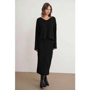 Set tricotat pulover cu decolteu in V si fusta - negru - tricot imagine